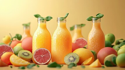 Wall Mural - Glass Bottles of Orange Juice Surrounded by Citrus Fruit and Kiwi