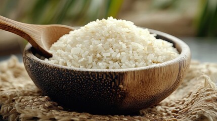 Wall Mural - White Rice in a Wooden Bowl with a Spoon