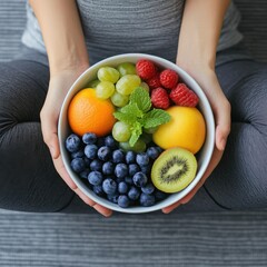 Wall Mural - A person stretching after a workout with a bowl of fresh fruits and detox water nearby, highlighting the connection between exercise and detox