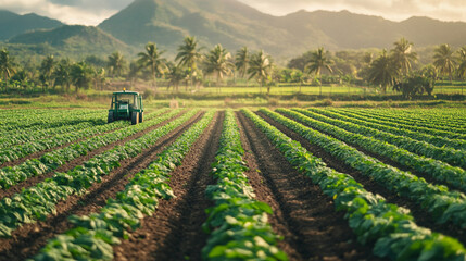 Wall Mural - solar-powered agricultural robot operates autonomously in a field, tending to crops with precision. The machine is sleek, efficient, and eco-friendly, symbolizing sustainable farming and innovative te