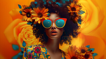 Wall Mural - modern pop art portrait of pretty woman in colorful sunglasses on bright orange background. contempo