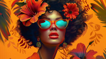 Modern pop art portrait of pretty woman in colorful sunglasses on bright orange background. Contemporary drawing painting poster of stylish fashion people in vintage retro style