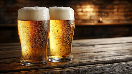 Two freshly poured glasses of light beer with frothy foam sit on a wooden surface, illuminated by warm lighting. The condensation on the glasses enhances the refreshing and inviting atmosphere