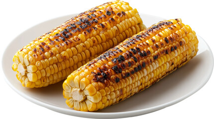 Grilled corn on the cob served on a white plate isolated on transparent background.