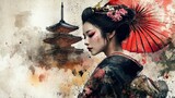 Concept of a watercolor painting of a Japanese geisha woman in a beautiful traditional kimono background wallpaper AI generated image
