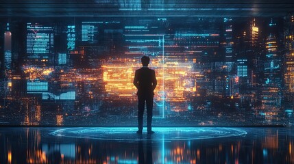 A Man Stands Before a Futuristic Digital Cityscape