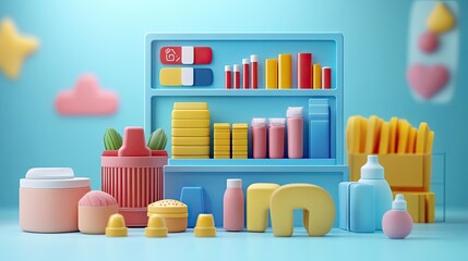 Poster - Colorful 3D Rendered Objects and Shelf on Blue Background