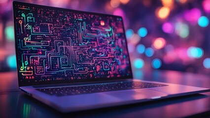 A computer monitor with a colorful display of circuits and wires
