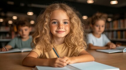 Happy child writing in school classroom