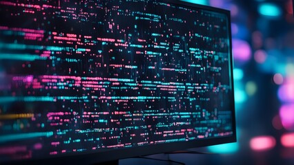 A computer monitor displays a colorful, pixelated image