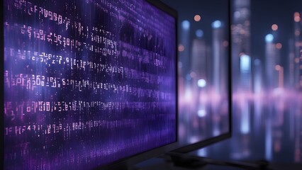 A computer monitor displays a series of numbers and letters in purple