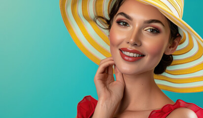 Poster - Portrait of a beautiful woman in a red dress and a yellow and white striped hat, smiling, isolated on a vibrant background