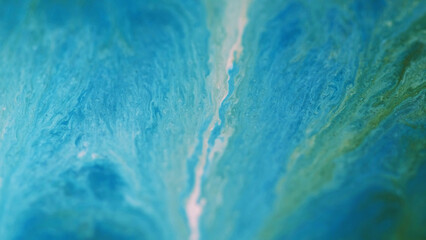 Wall Mural - Ink spill. Fluid art. Defocused blue green white color acrylic paint water fluid mix cascade wave decorative art background.