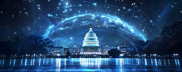 The United States Capitol Building with a Glowing Network of Lines and Stars in the Night Sky