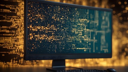 A computer monitor displays a glowing, abstract pattern of numbers and letters