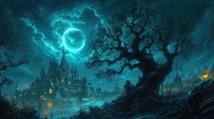 Wall Mural - A halloween scene with pumpkins webs and castle at night