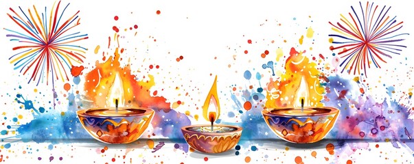 Poster - Watercolor Painting of Diya Lamps with Fireworks and Splatters