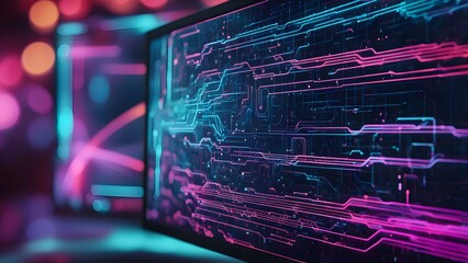 A computer monitor displays a colorful, abstract pattern of lines and shapes
