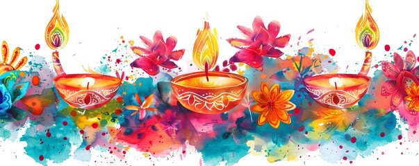 Wall Mural - Watercolor Illustration of Three Lit Diyas with Floral Decorations