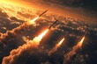 © AI Digital Artist - Multiple intercontinental ballistic missiles spewing smoke over clouds at sunset