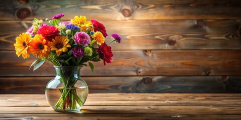 Vase with colorful flowers sitting on a wooden table, vase, flowers, colorful, arrangement, floral, bouquet, petals