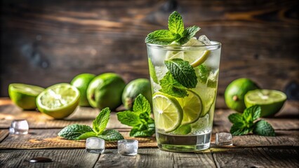 Refreshing Mojito cocktail with mint leaves, lime, and rum , drink, summer, beverage, bar, cocktail, alcoholic, tropical, fresh, mojito