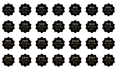 Wall Mural - Elegant Black and Gold Birthday Tags Collection from 4th to 31st - Vector Celebration Labels with Isolated Transparent Background - Perfect for Party Decor, Invitations, and Greeting Cards