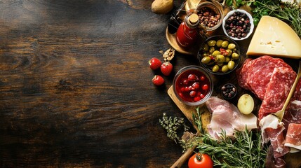 A rustic arrangement of fresh ingredients, including meat, vegetables, and spices on a wooden background, ideal for culinary themes.