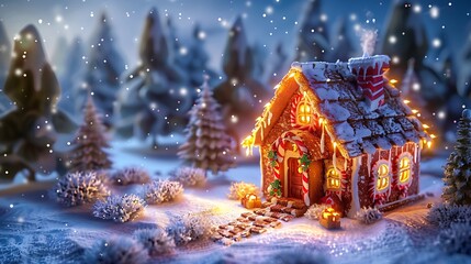 A christmas candy house in a winter snowy forest at night by window lights amazing food decoration ideas for the christmas season