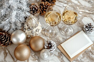 Elegant holiday table setting with wine glasses, decorative ornaments, and pinecones for festive celebrations.