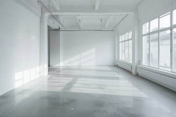 Wall Mural - Modern industrial loft featuring large windows, concrete floors, and white walls, bathed in natural light.