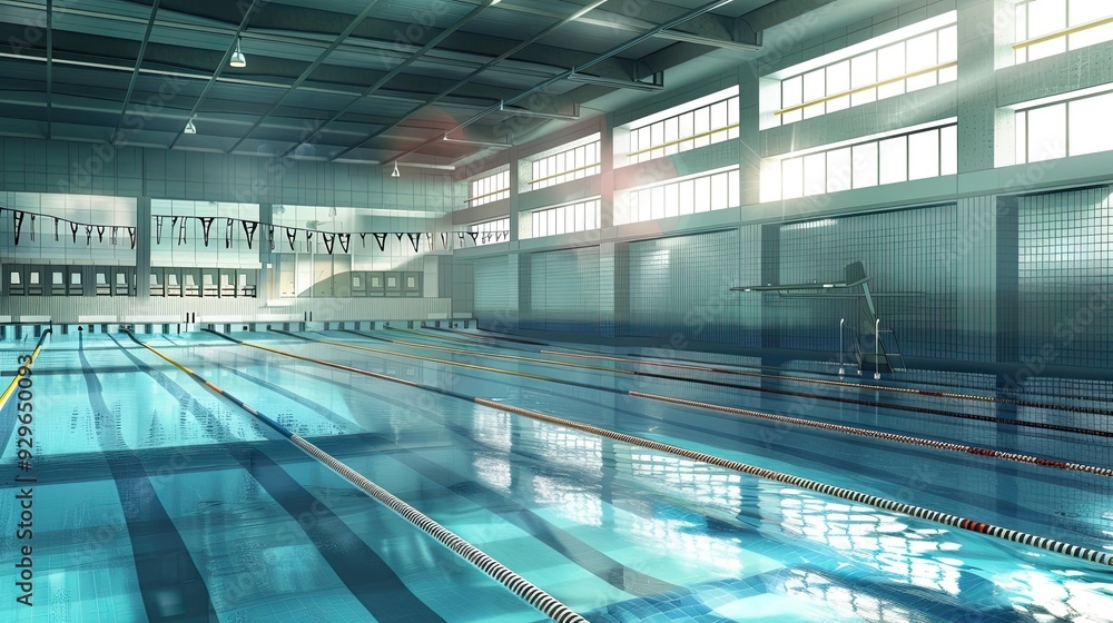Empty indoor swimming pool with unique modern architectural ceiling ...
