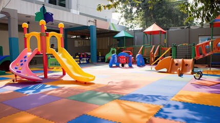 Colorful playground in front of a modern building with a checkered rubber floor. Bright and vibrant outdoor play area with various playground equipment and colorful walls. Generative by AI