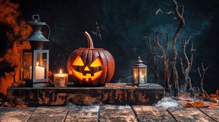 Dark Halloween night with a glowing Jack O' Lantern on aged wooden planks, accompanied by a lantern and candle, with dead trees looming in the black and orange backdrop