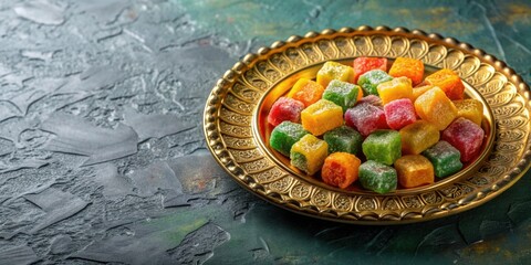 Gold plate with rainbow Arabic sweets on texture background, Gold, plate, rainbow, Arabic sweets, colorful, texture