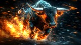 Fiery Bull Charging, Powerful Animal Stock Photo