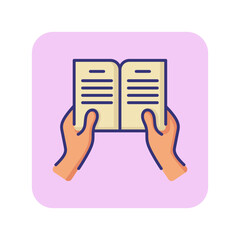 Wall Mural - Hands holding book line icon. Hobby, library, literature. Education concept. Vector illustration can be used for topics like studying, reading