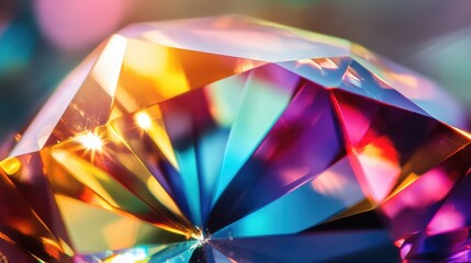 A close-up of a single large gem reflecting light, with intricate facets creating a spectrum of colors.