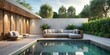 © lapeepon - Modern minimalist backyard pool with sleek modern sofa for a chic and relaxing outdoor space , Pool, backyard, modern, minimalist