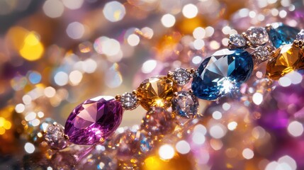 A close-up of a sparkling gemstone necklace draped over a reflective surface, highlighting the glimmer and shine of each gem.