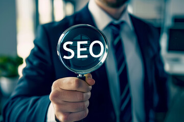 Businessman using magnifying glass focus to SEO icon to analyze search engine optimization