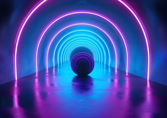 Wall Mural - 3d render of futuristic tunnel with neon light arches and a black sphere in the center, purple blue background for banner, poster, flyer, packaging, presentation, advertising, web and print mockup