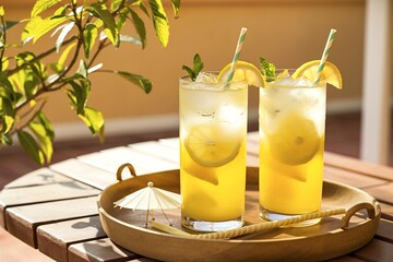 Two clear glasses filled with a lemonade