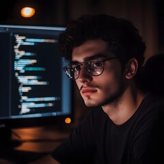focused programmer coding and developing software applications on laptop computer in a modern high t