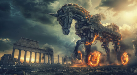 Wall Mural - A giant wooden horse with glowing eyes is on wheels in the ruins of an ancient city, surrounded by burning buildings and smoke billowing from them