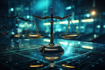 generated illustration of the scales of justice with a blue electric digital background.