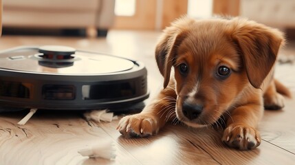 Wall Mural - A curious puppy observes the operation of a robot that vacuums