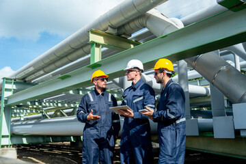 Group of engineer or factory technician worker team stand near petrochemical gas pipeline and use tablet to discuss about their work also look to each other.