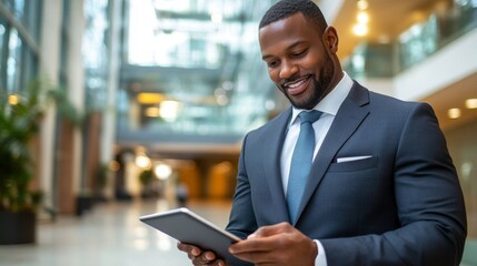 Busy Professional Using Tablet in Modern Corporate Office Setting