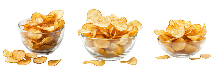 Wall Mural - A Set of handful of freshly fried potato chips spilling out from a clear glass bowl, isolated on a transparent background